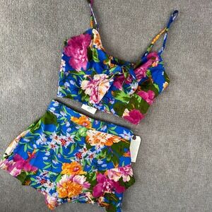 Lottie & Holly Crop Top & Skort Set Womens XS Multicolor Floral Knotted Front
